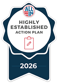 Blue badge from All In that includes text that reads "Highly Established Action Plan 2026"
