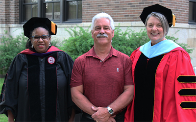 Outstanding Alumni Award winner Tom Hoffman (center) with Minnesota State Vice Chancellor Andriel Dees (left) and Southeast President Marsha Danielson (right)