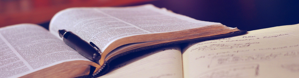 An open book with a pen resting in the crease of the pages