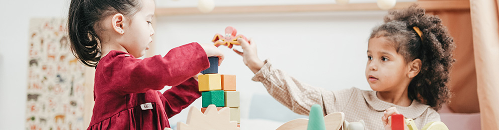 Two pre-school children playing with blocks